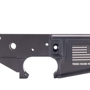 Anderson AM-15 Forged Stripped AR15 Lower Receiver - Black | Flag & "These Colors Never Run" Slogan | Retail Packaging