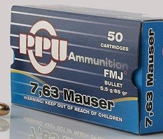 PPU Handgun Ammunition 7.63mm Mauser 85 gr FMJ 1510 fps 50/ct