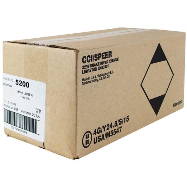 CCI Blazer Brass Handgun Ammunition 9mm Luger 115 gr. FMJ 1145 fps 1000/ct Case (20-50ct Boxes)