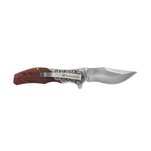 Smith & Wesson Unwavered Folding Knife 3-1/4" Clip Point Blade Engraved Wood Blister