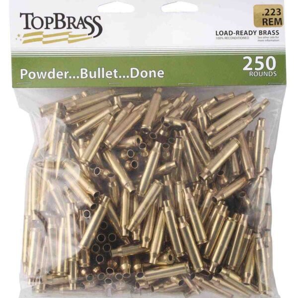 Top Brass Unprimed Remanufactured Rifle Brass .223 Rem Bagged Header Card Grade A+ 250/ct