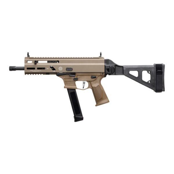 Grand Power Stribog SP9A3G Pistol - FDE | 9mm | 8" Threaded Barrel | 30rd | Utilizes Glock Style Mags | Folding SBT Brace