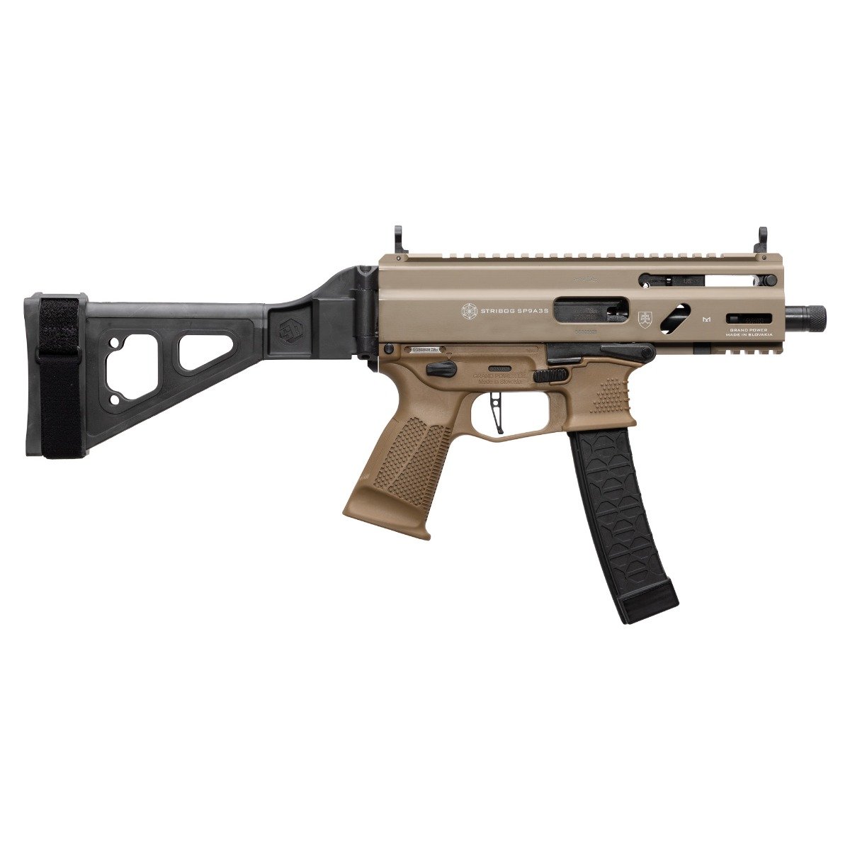 Grand Power Stribog SP9A3S Pistol - FDE | 9mm | 5" Threaded Barrel | 30rd | Folding SBT Brace
